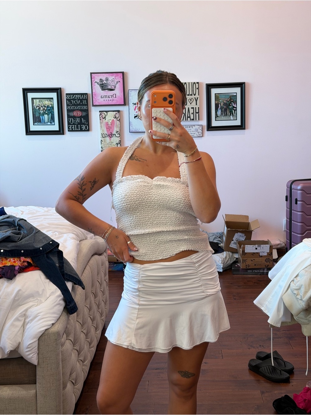White Ruched Ruffle Skirt Set